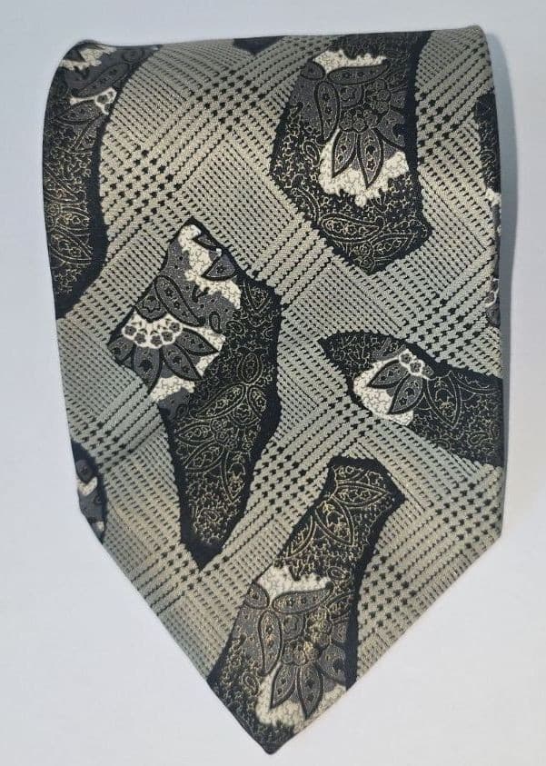 Vintage Michael Smith Custom Tie Grey Black Abstract Geometric Art Deco Necktie