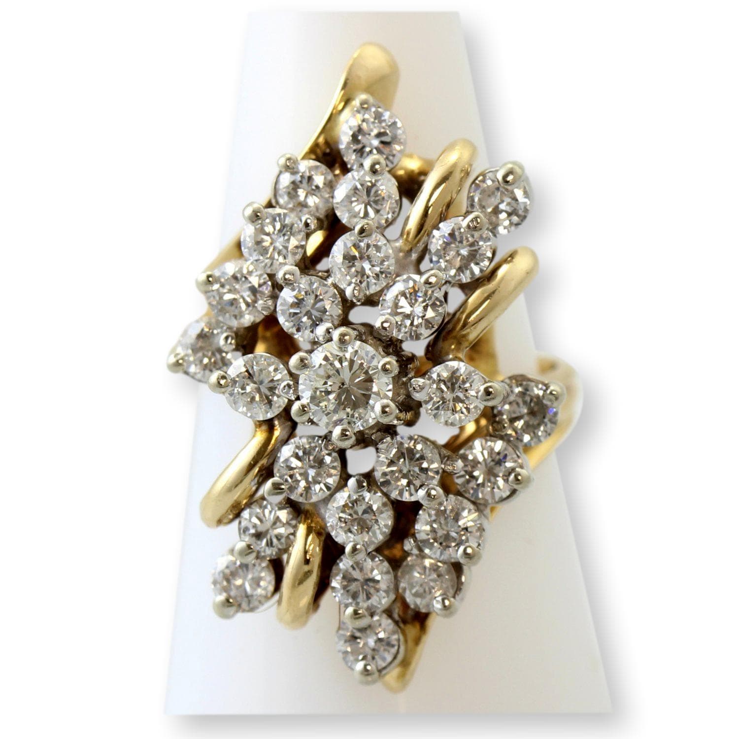 Vintage 14K Gold 3.35 CTW Diamond Waterfall Cocktail Ring | Natural Diamond Estate Statement Ring - Size 6.5-6.75
