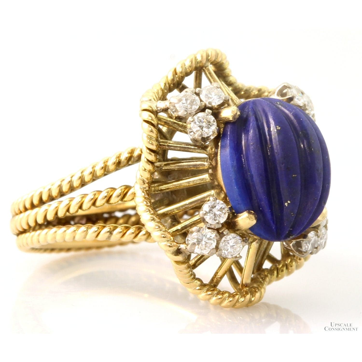 Vintage 14K Gold Carved Lapis Lazuli & Diamond Cocktail Ring - Size 6.5