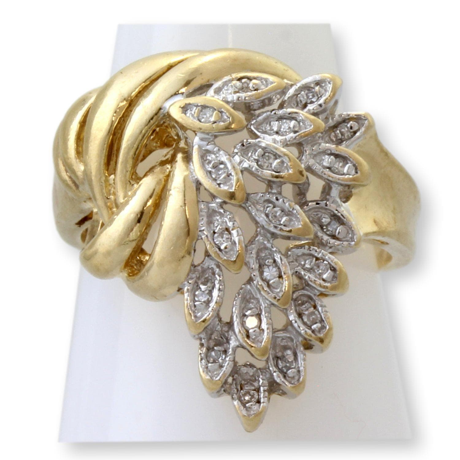 Vintage 10K Gold Diamond Leaf & Ribbon Ring | Nature Inspired Estate Diamond Ring - Size 4