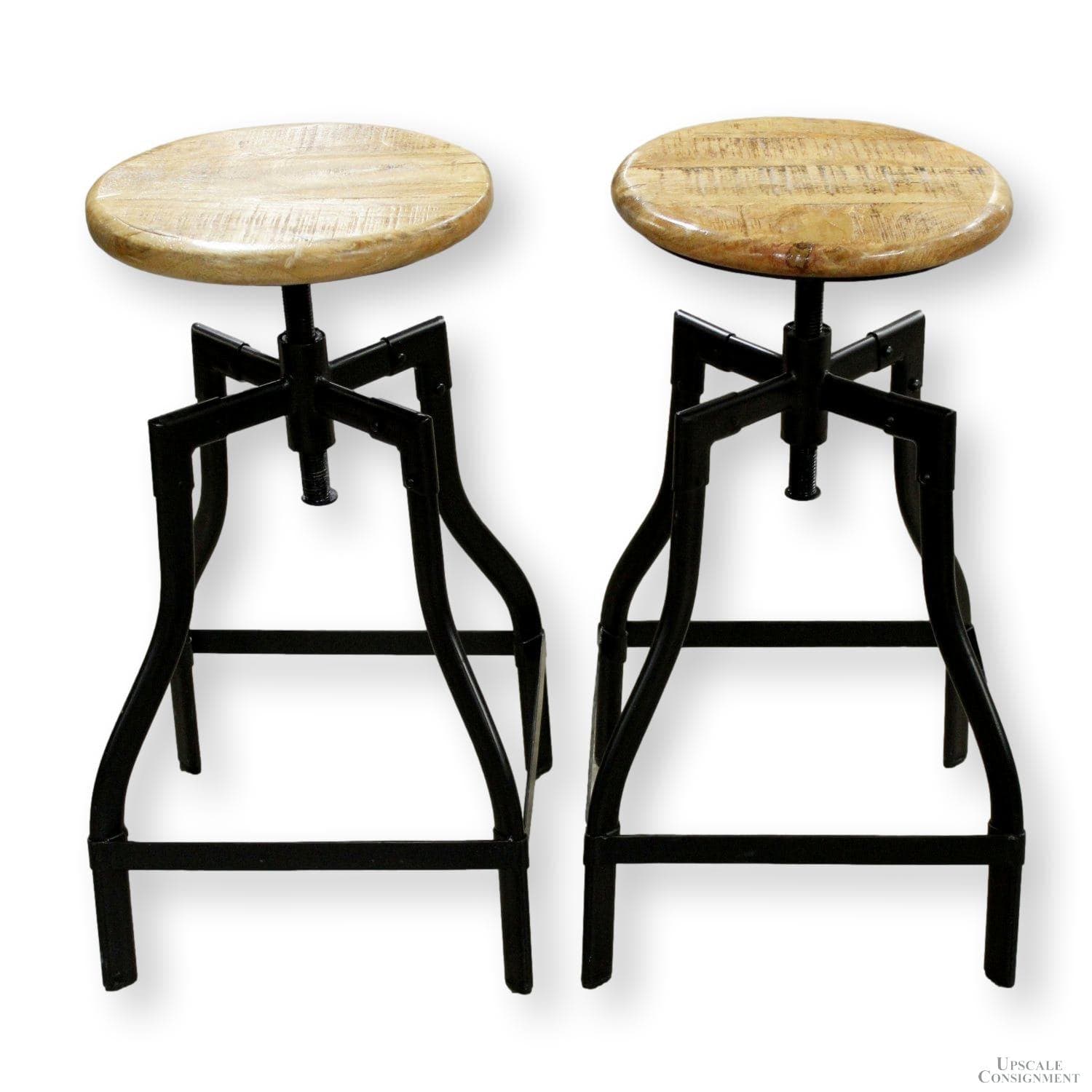Pair of Adjustable Height Wood & Iron Stools