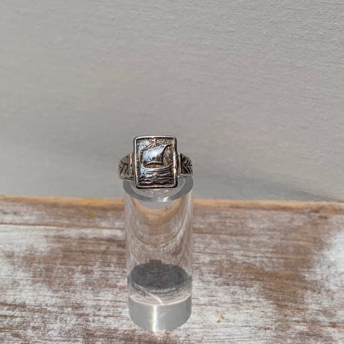 Vintage Sterling Silver Sailing Ship Signet Ring | W.B.S. | Size 6