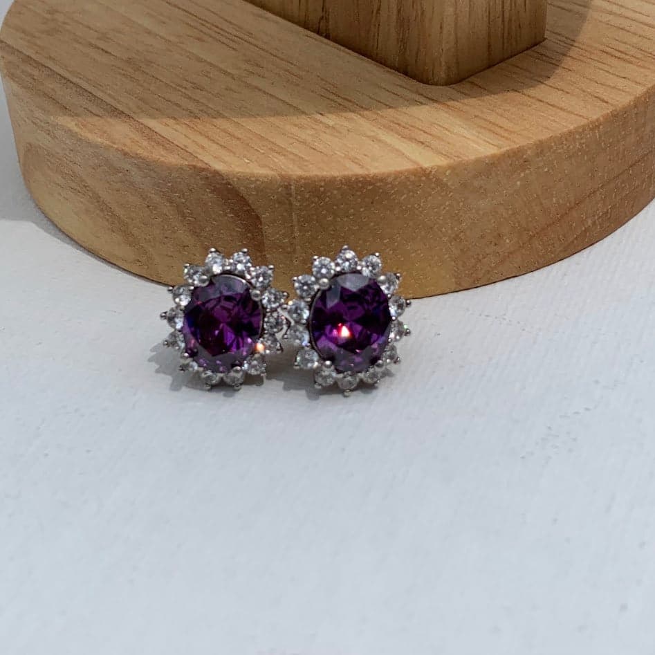 Vintage Sterling Silver Purple Gemstone Halo Stud Earrings