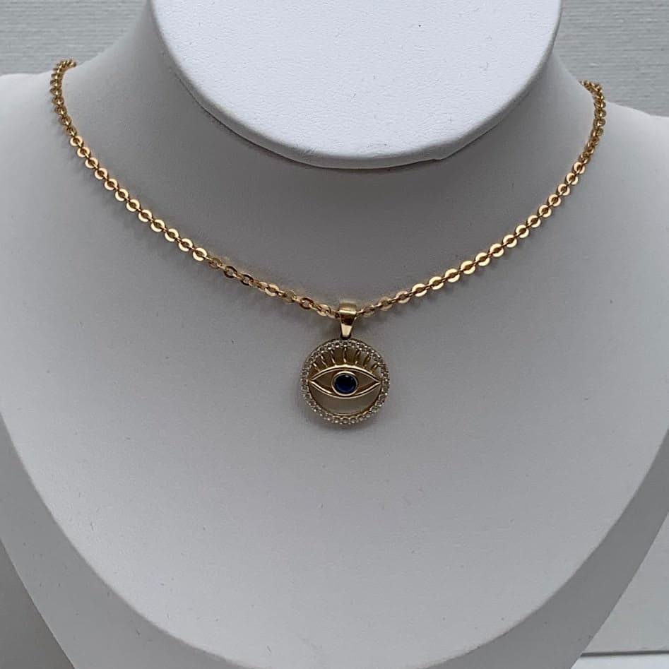 10K Gold Evil Eye Pendant | Blue CZ & CZ Halo | 1.26g
