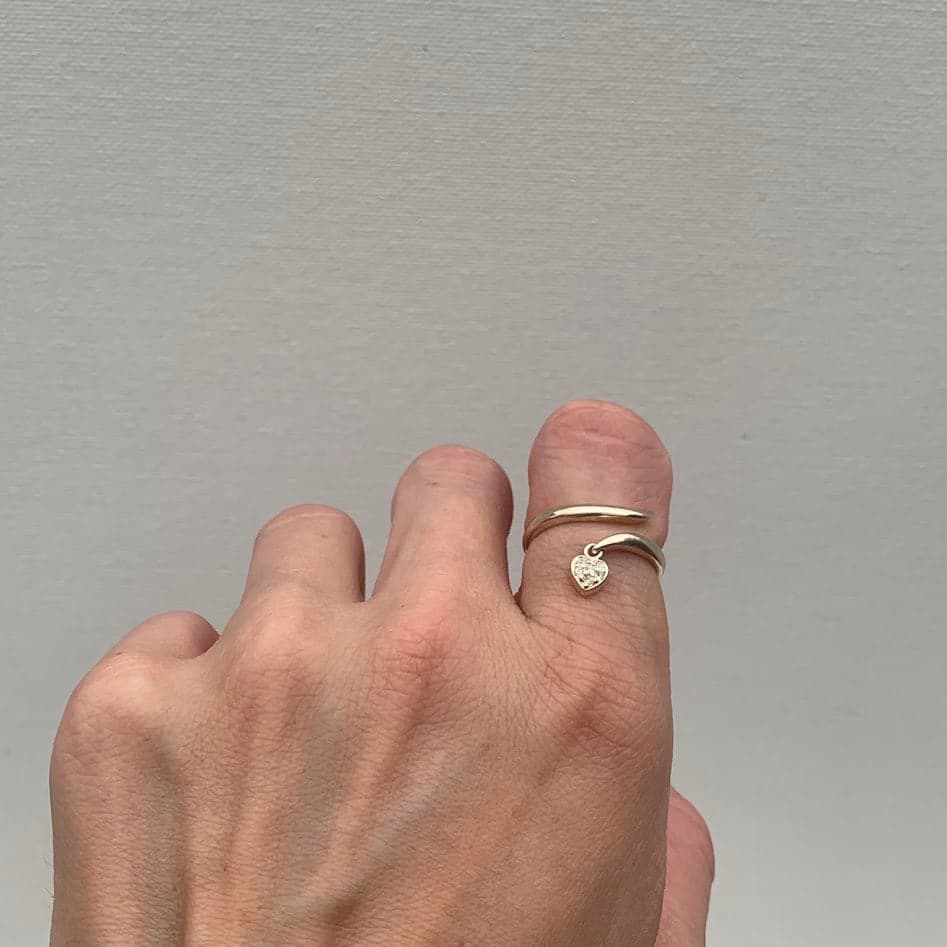 Sterling Silver CZ Heart Dangle Wrap Ring | Adjustable Open Ring Size 6- 10