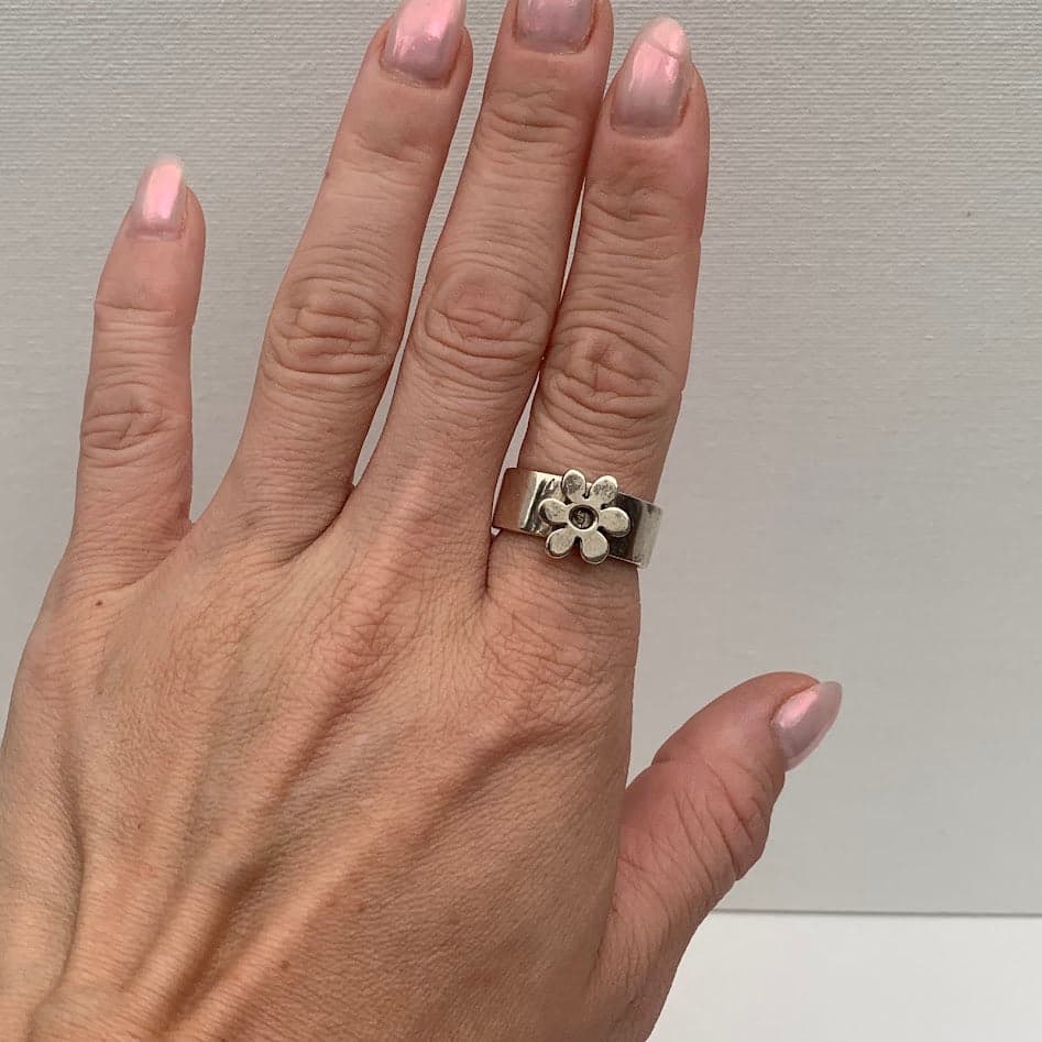 Vintage Mexico 925 Sterling Silver Flower Ring | Chunky Statement Band Size 8.5