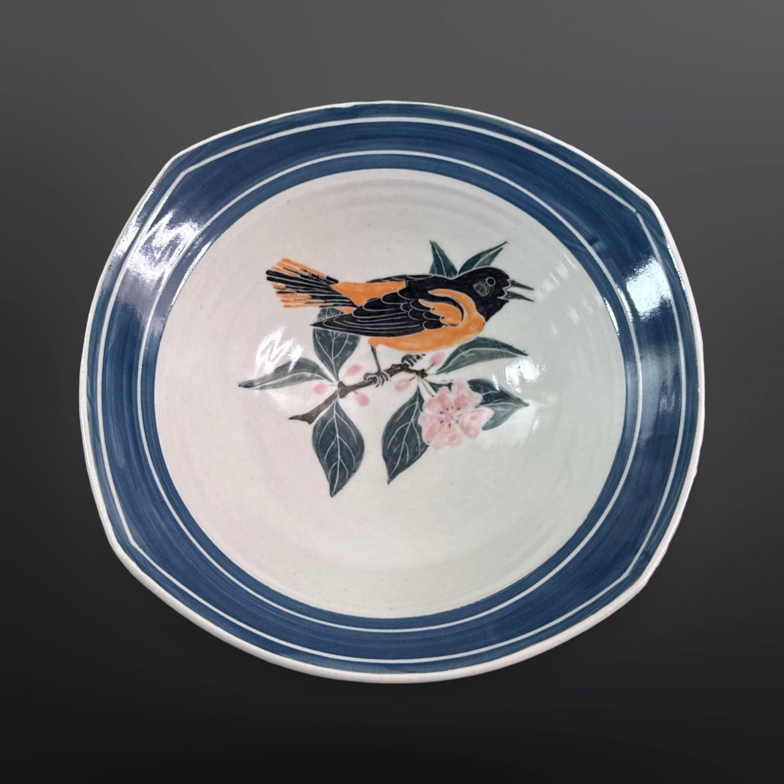 Studio Pottery Bowl with Hand Painted Orioles and Florals Signed