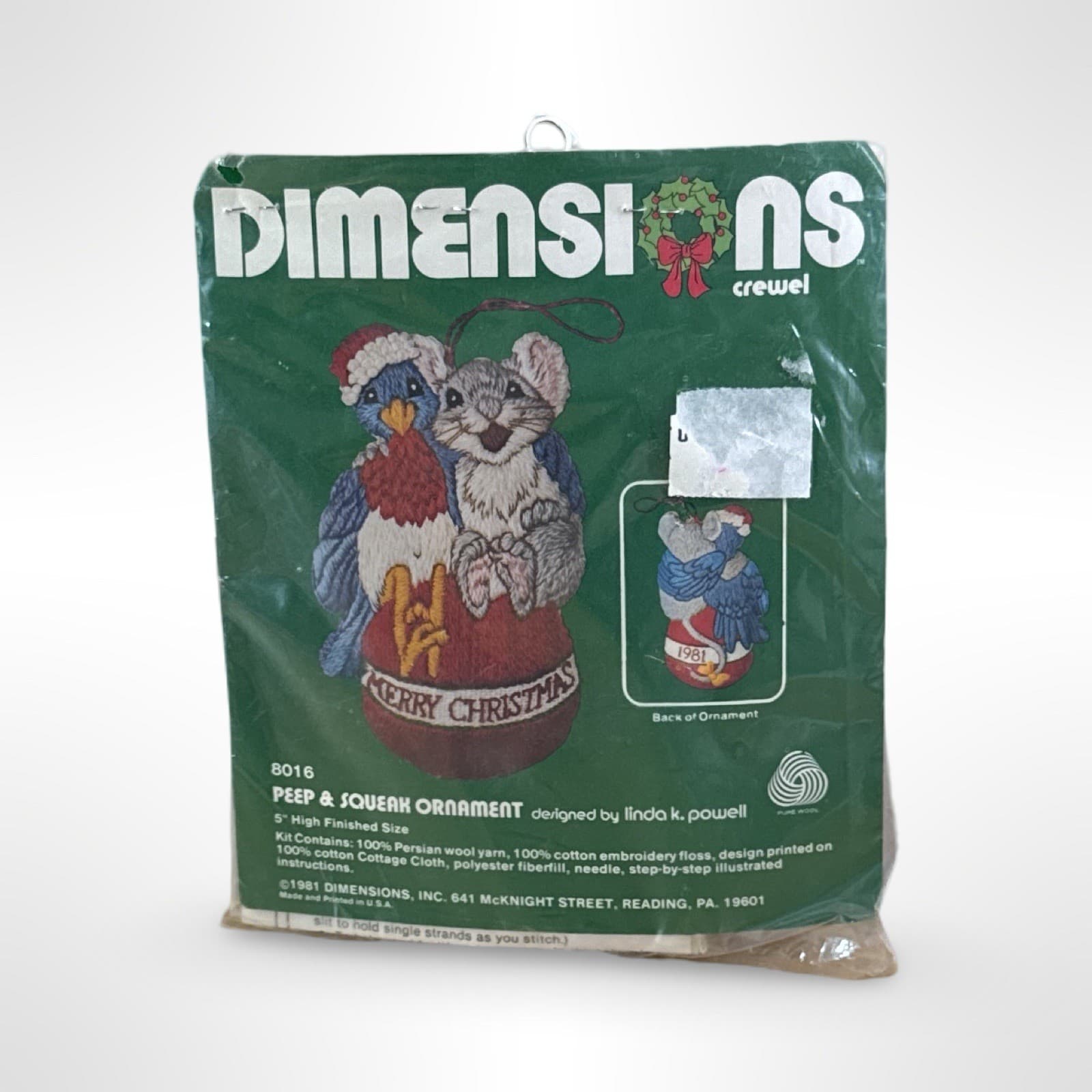 1981 Dimensions Crewel Peep & Squeak Ornament Kit 5” Puffie Stuffns #8016