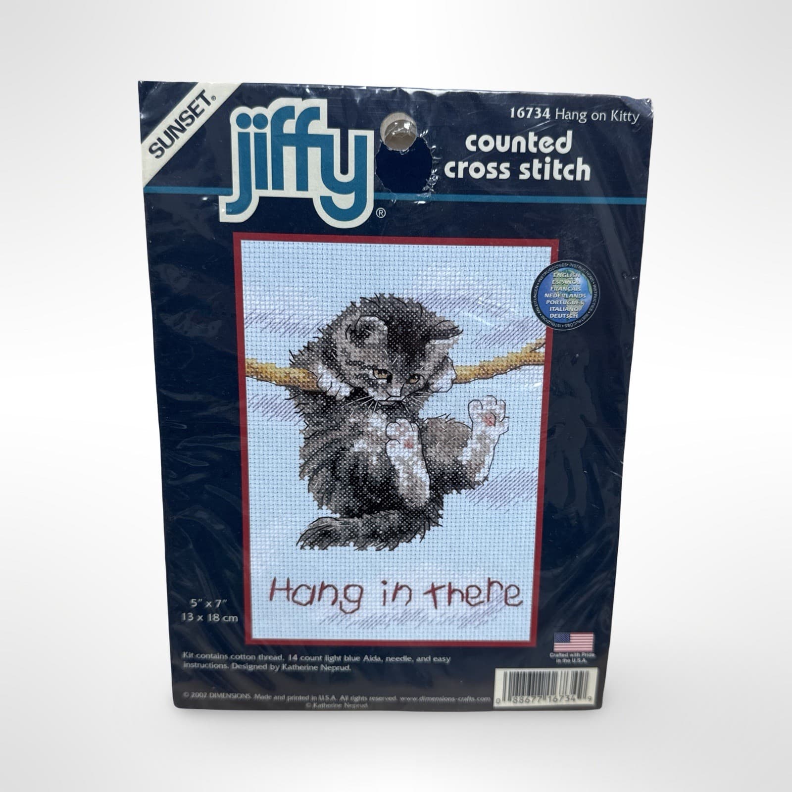 Vintage Jiffy Sunset Counted Cross Stitch 16734 Hang On Kitty 5x7” 2002 NIP