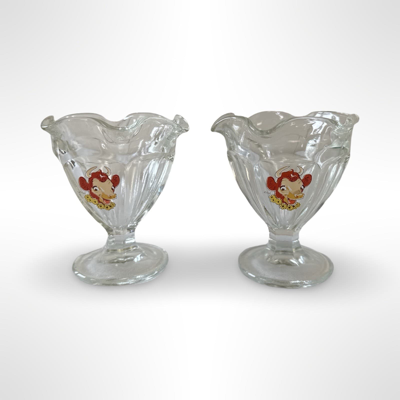 Borden’s Elsie The Cow Ice Cream Sundae Glass Cups Pair Vintage EUC, No issues