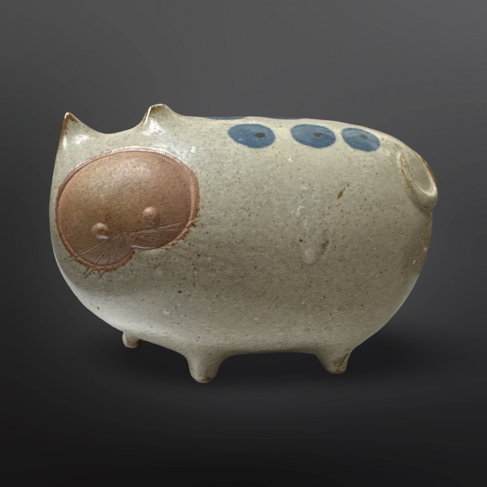 Vintage Chunky Cat Figurine UCTCI Japan Stoneware Gray Blue Dots RARE