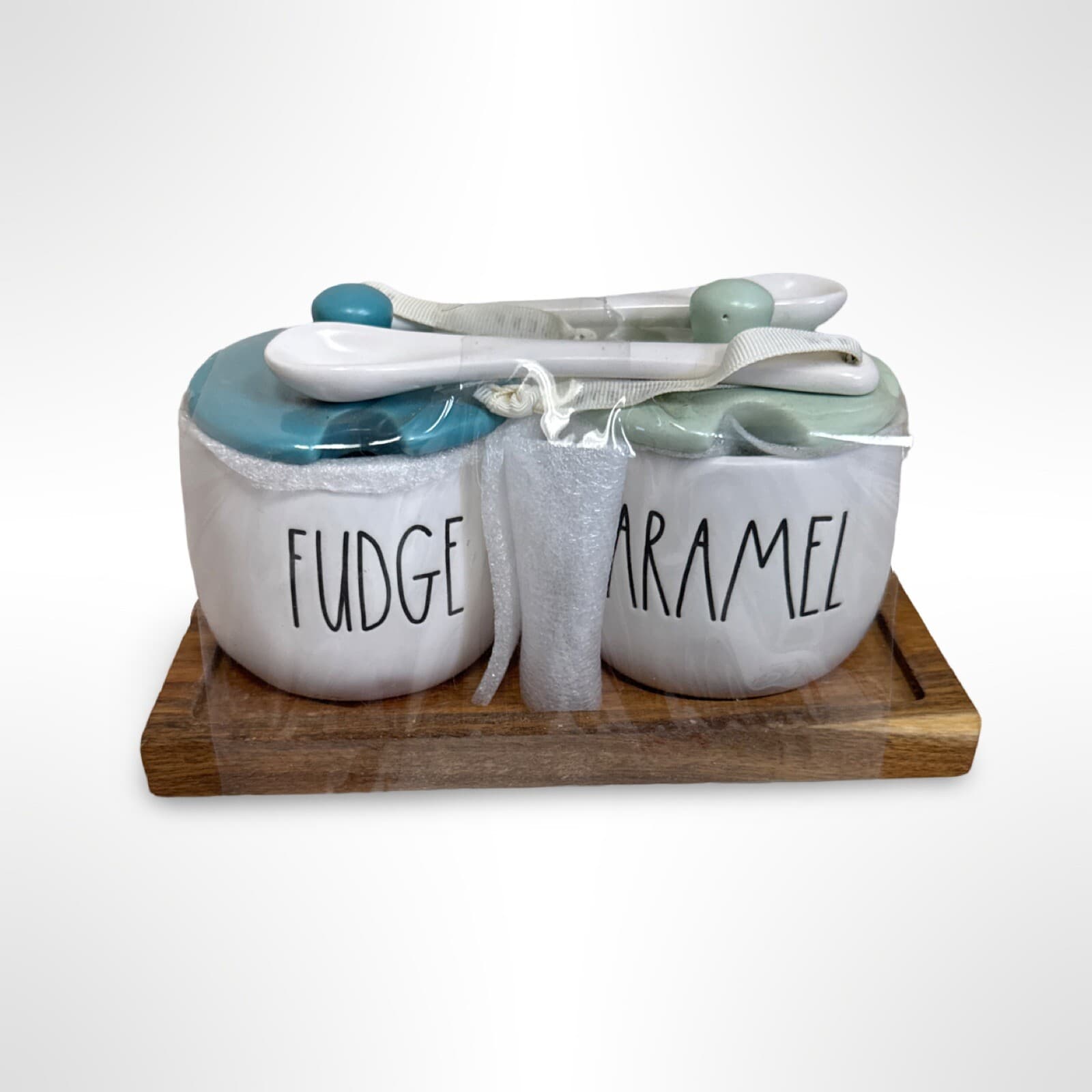 Rae Dunn Fudge And Caramel Ice Cream Bar Set, Lids , Tray & Spoons NEW