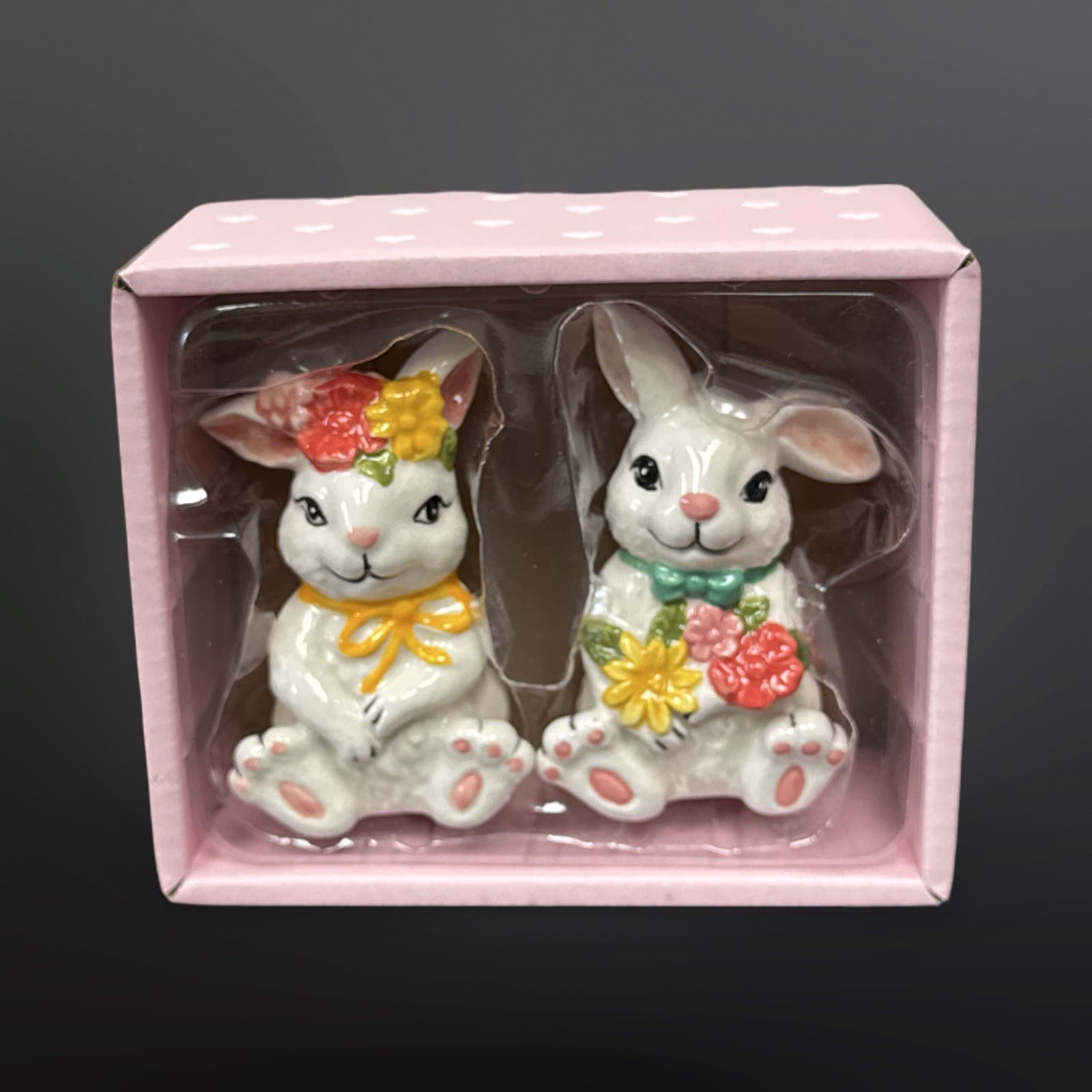 Blue Sky Clayworks Blossom Valley Boy Girl Bunny Salt & Pepper Shakers Set RARE