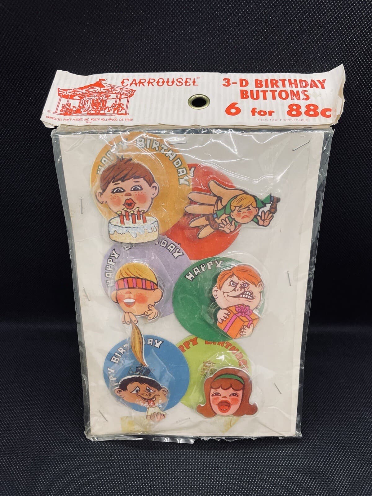 Vintage 3-D Birthday Buttons Carrousel Brand NIP Kitschy Birthday Decor