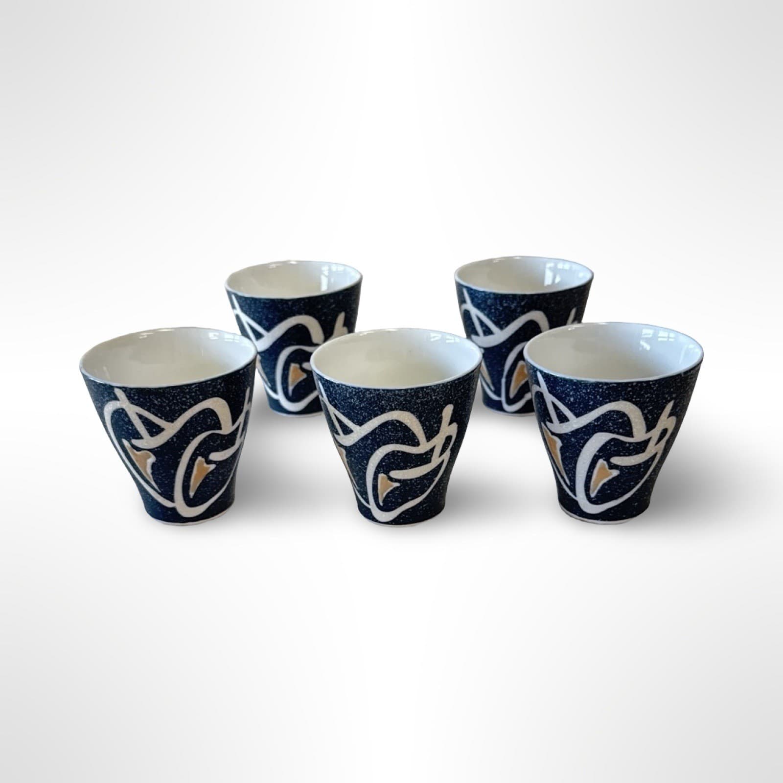 Vintage Japanese Sake Cups Porcelain Blue Abstract Design Set Of 5