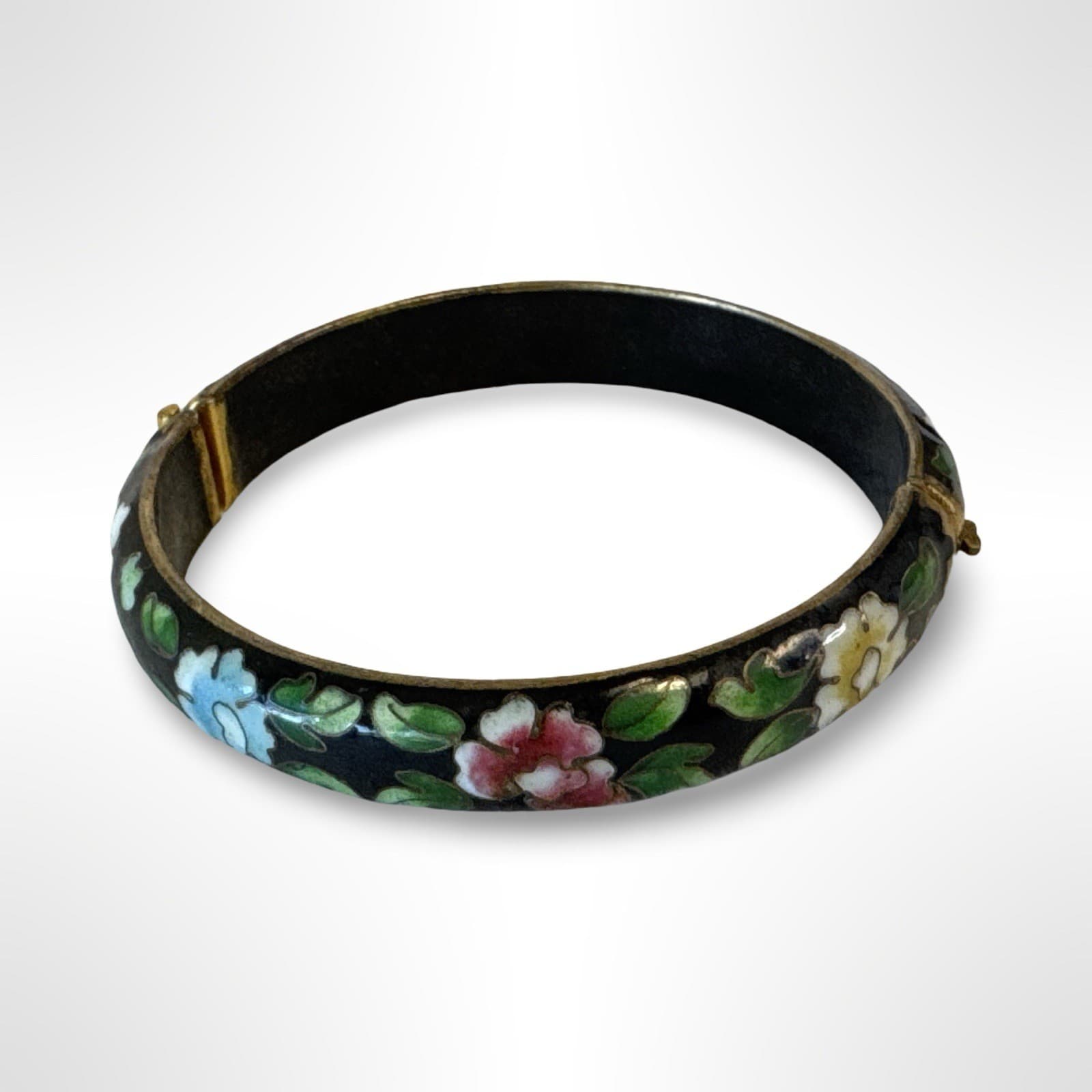 Vintage Cloisonné Bracelet Bangle Hinged Black Enamel Blue Pink White Flowers
