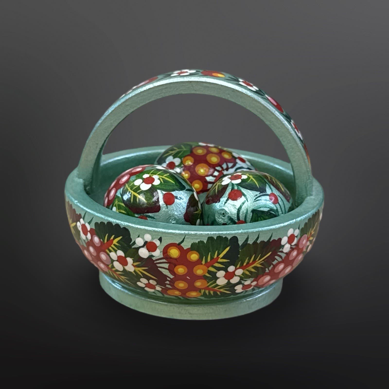 Hand Painted Wooden Basket and Eggs Ukrainian Detailed Birds Pysanka Folk Art