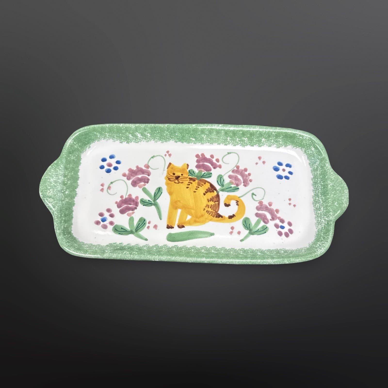 Vintage Taste Setter Sigma Ceramic Cat Flowers Tray Made In Italy - 10.75”