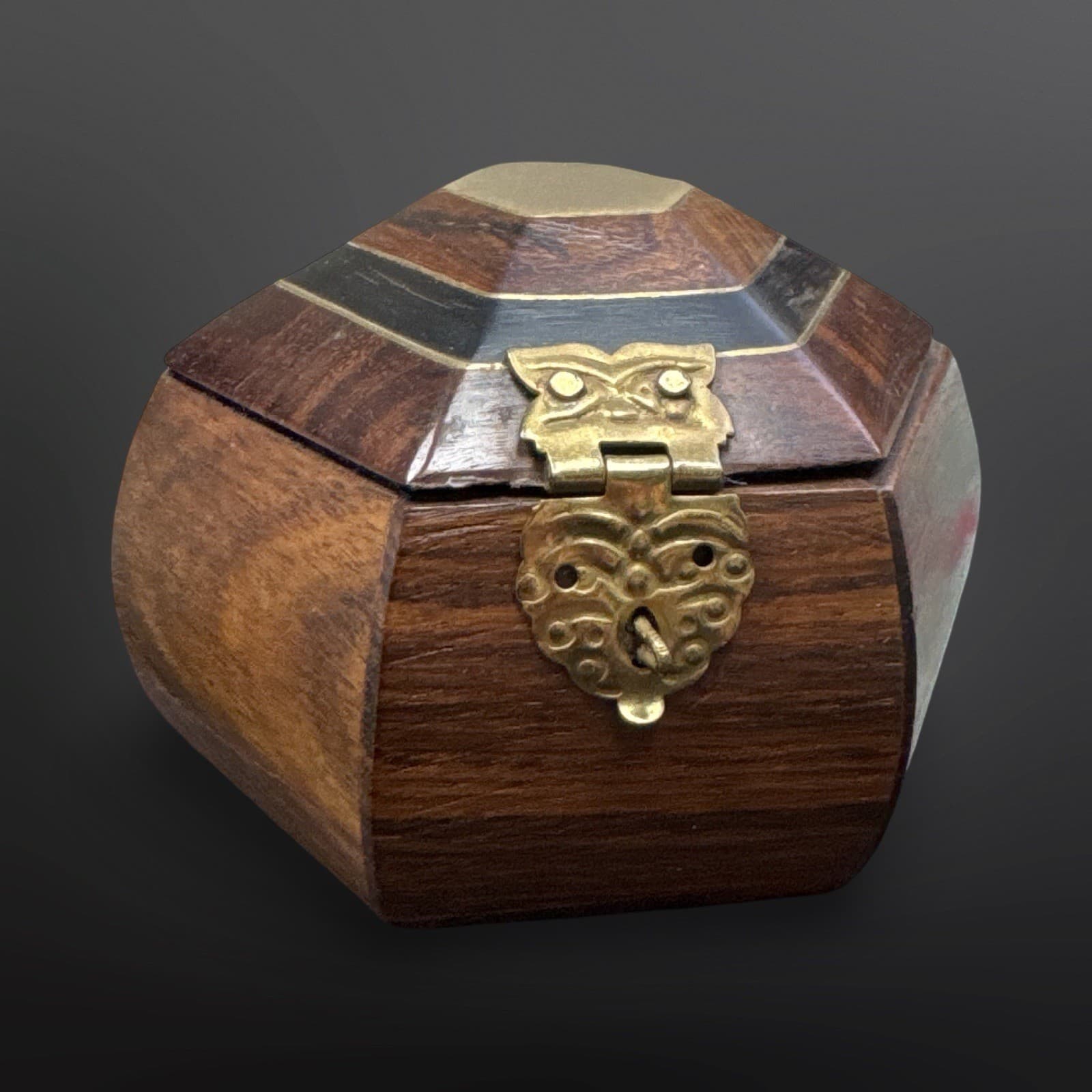 Hexagon Wooden Box With Inlay/Brass Accents Sapphire Blue Lining Vintage