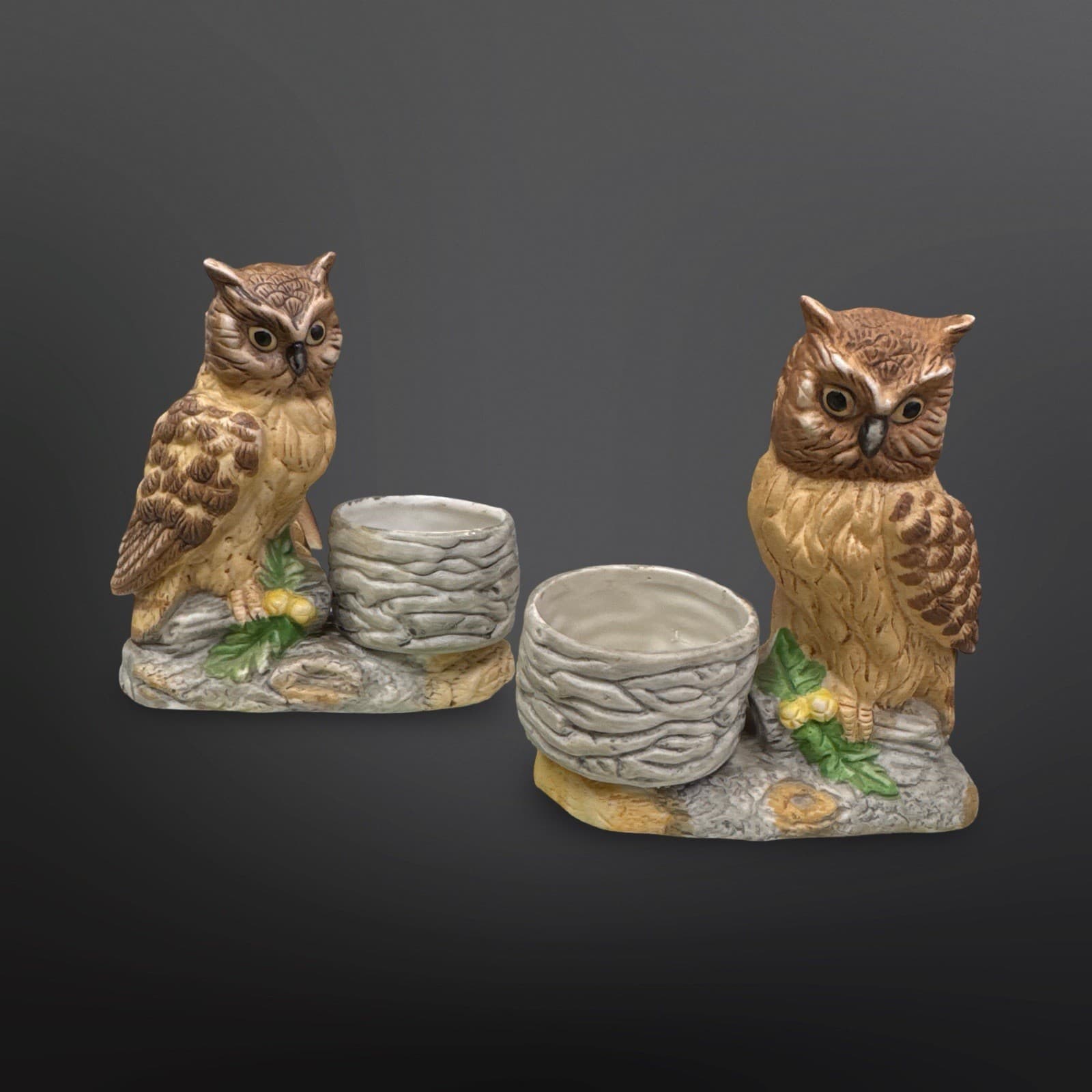 Pair of UCGC Taiwan Porcelain Owl Tealight Votive Candle Holders 4.25"x4.5"x2"