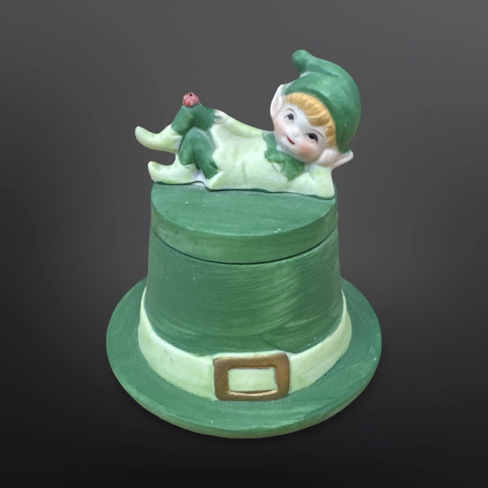Vintage Lego Matte Ceramic Pixie Elf W/Ladybug Laying On Green Top Hat Candle