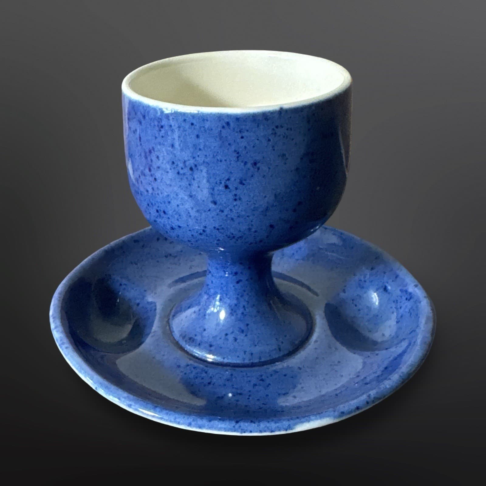 Vintage Moorcroft Pottery Royal Blue Egg Cup with Fixed Tray Made In England