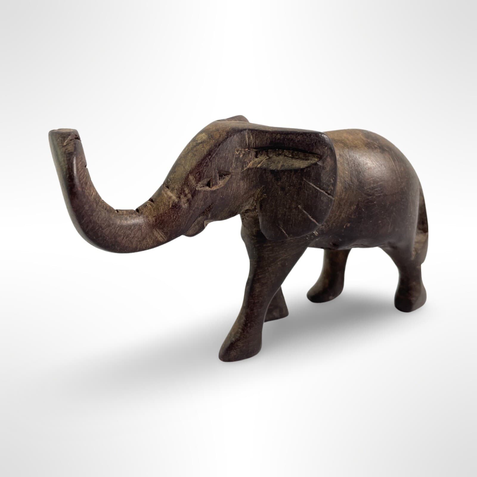 Small Hand Carved Wooden Elephant Figurine Trunk Up For Good Luck No Tusks
