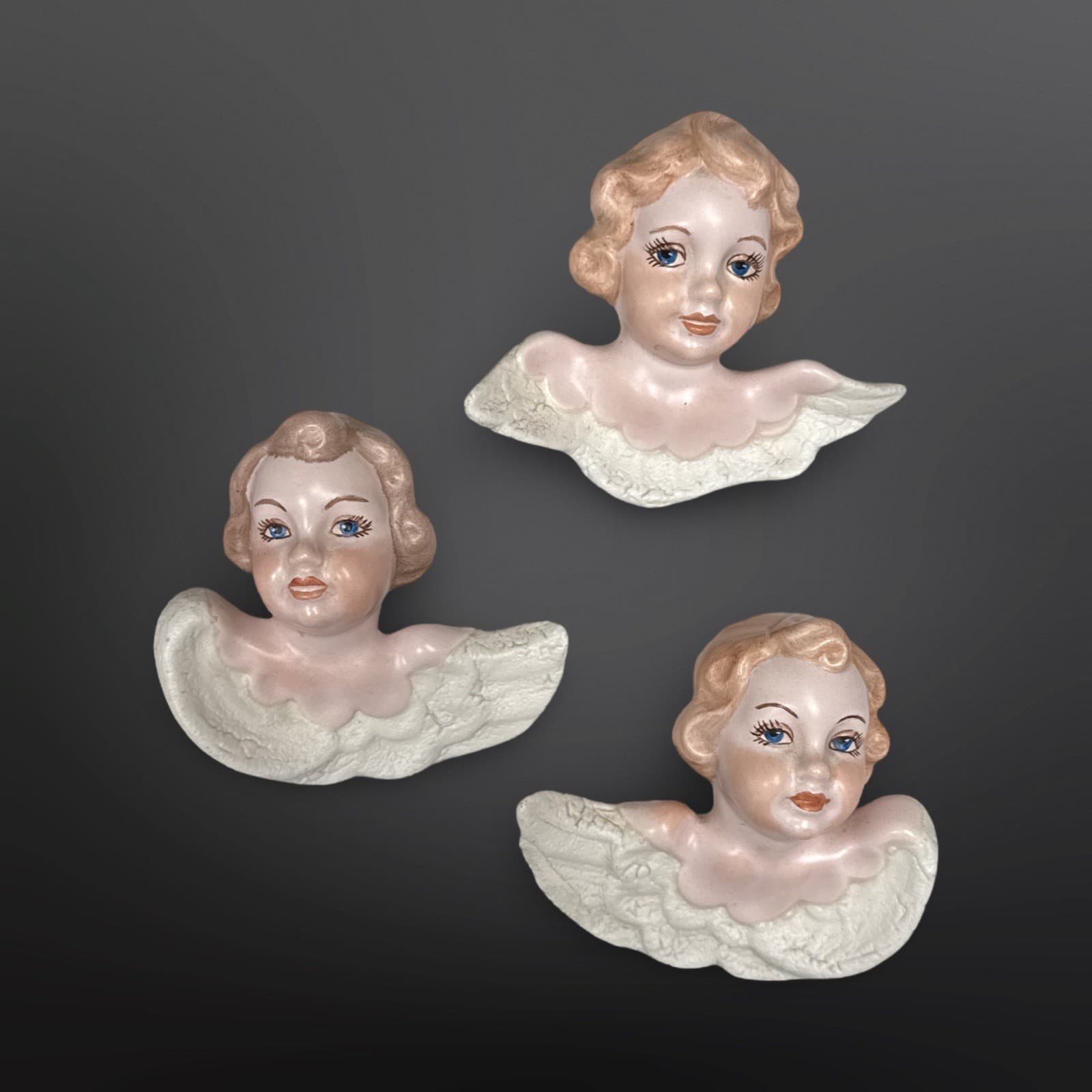 Vintage Hand Painted Ceramic Cherub/ Angel Wall Hangings Set Of 3