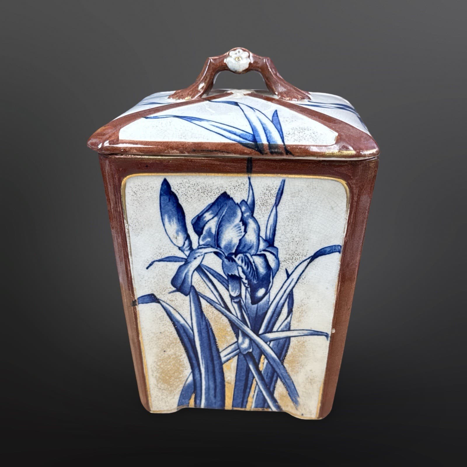 Antique Burroughs & Mountford Pottery Blue Iris Gold Trim Canister/ Biscuit Jar