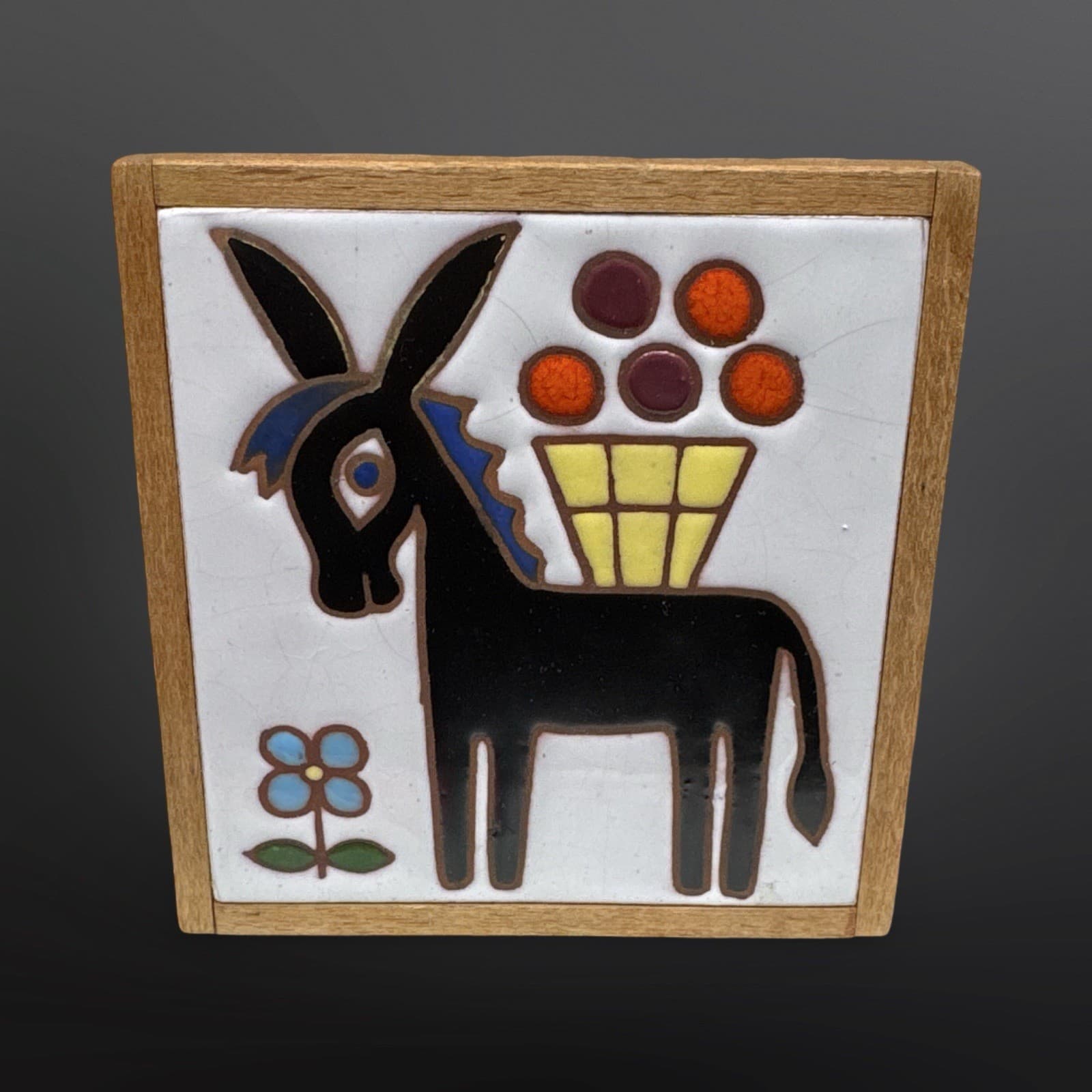 Vintage Helen Michaelides E. Mixandidou Greek Art Tile MCM Donkey Flower Fruit