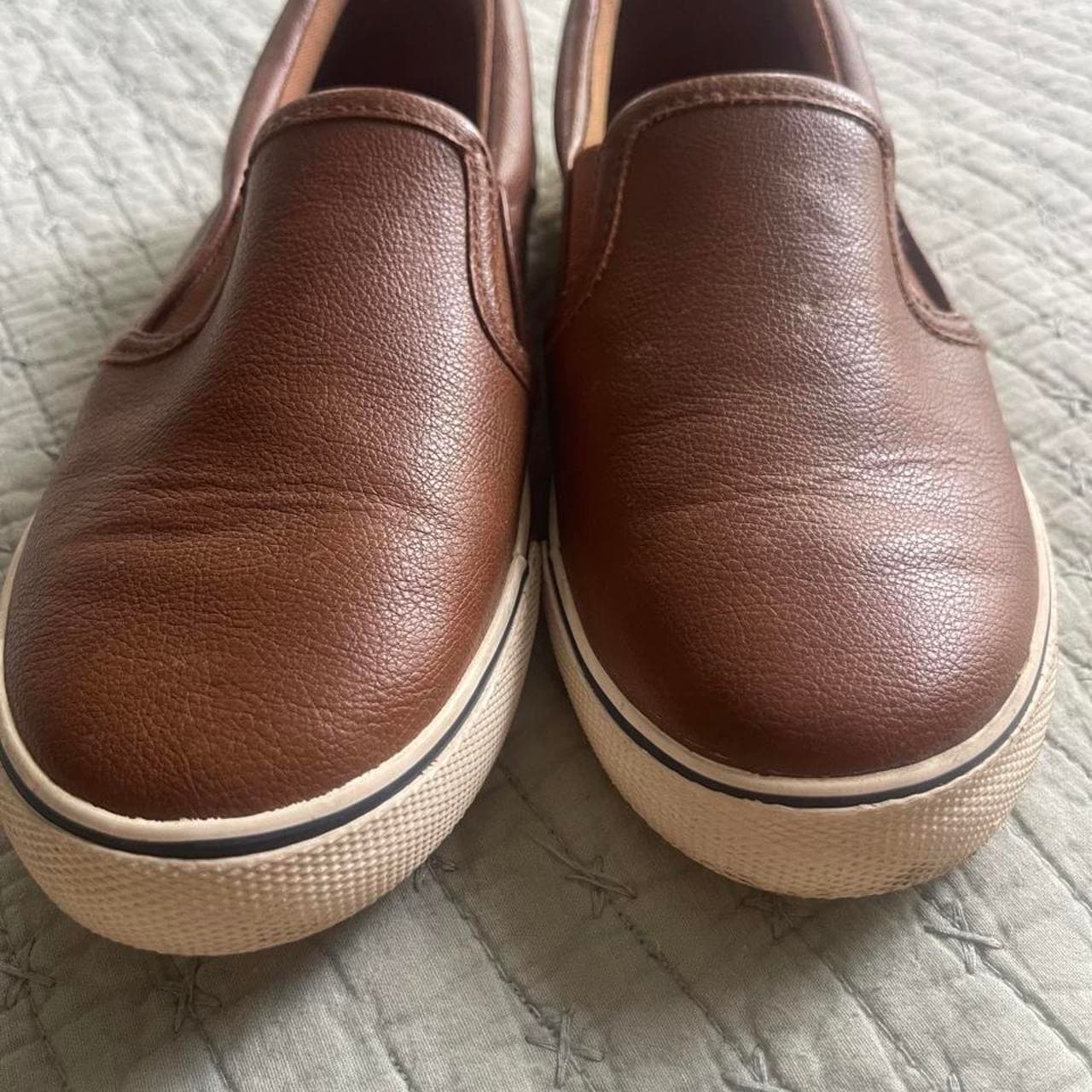 Cat & Jack brown faux leather slip-on loafers with a comfortable sneaker sole.