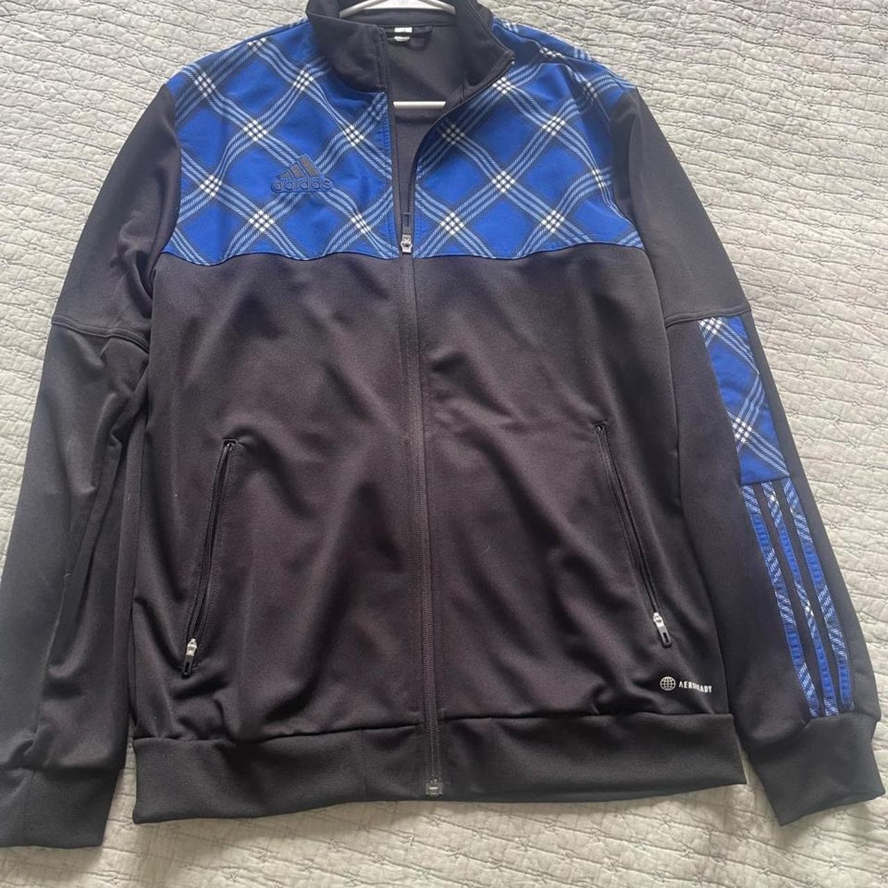 Adidas Black Blue Plaid Zip-Up Jacket Hooded
