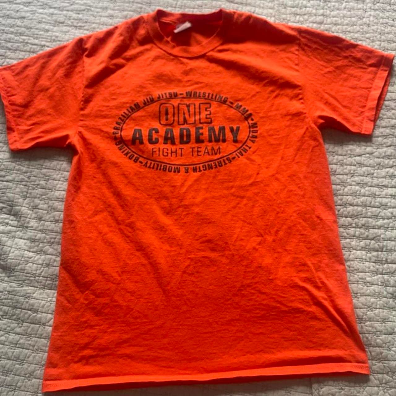 Port & Company orange One Academy Fight Team T-shirt with black circular graphic, size M #mma #fightteam #orange #tshirts