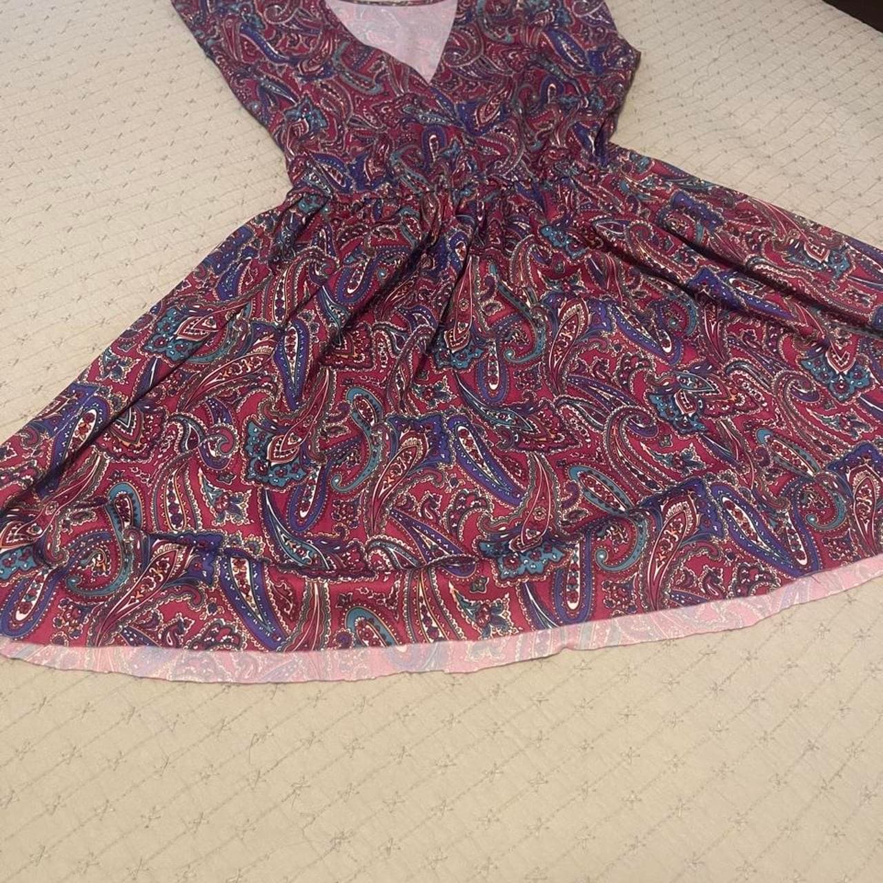 Red, blue, and purple paisley print dress #paisley