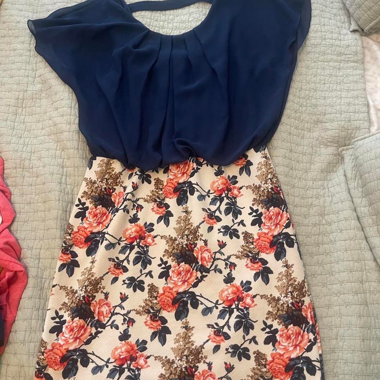 Navy blue floral mini dress with orange and black roses #floraldress #mini #cocktail #formal #dresses