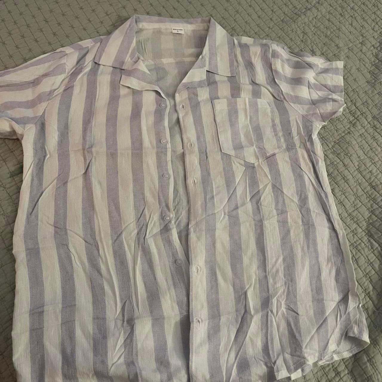 Linen Blue & White Striped Button-Up Shirt - Large