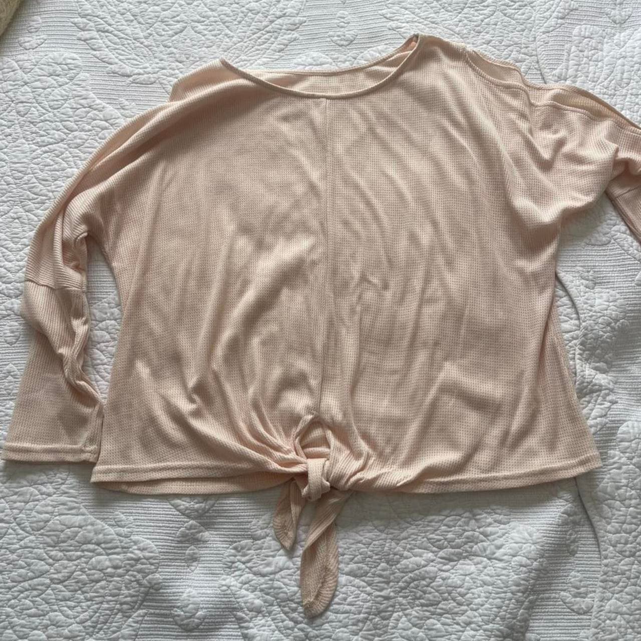 Beige Cotton Tie Front Long Sleeve Top, Size XL