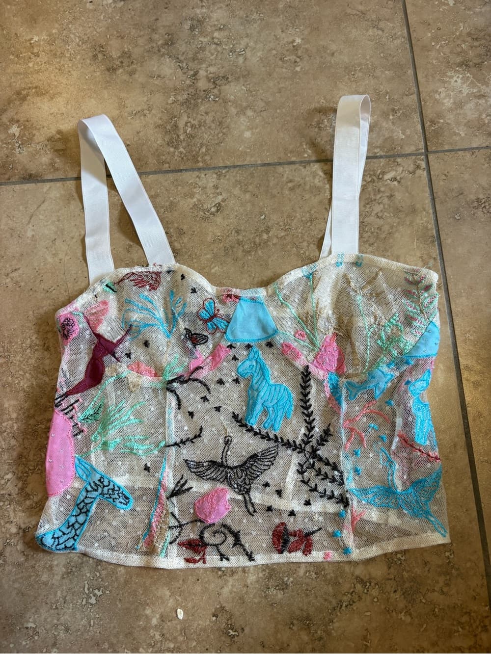Zara Sheer Embroidered Animal Motif Crop Top - White/Turquoise/Pink