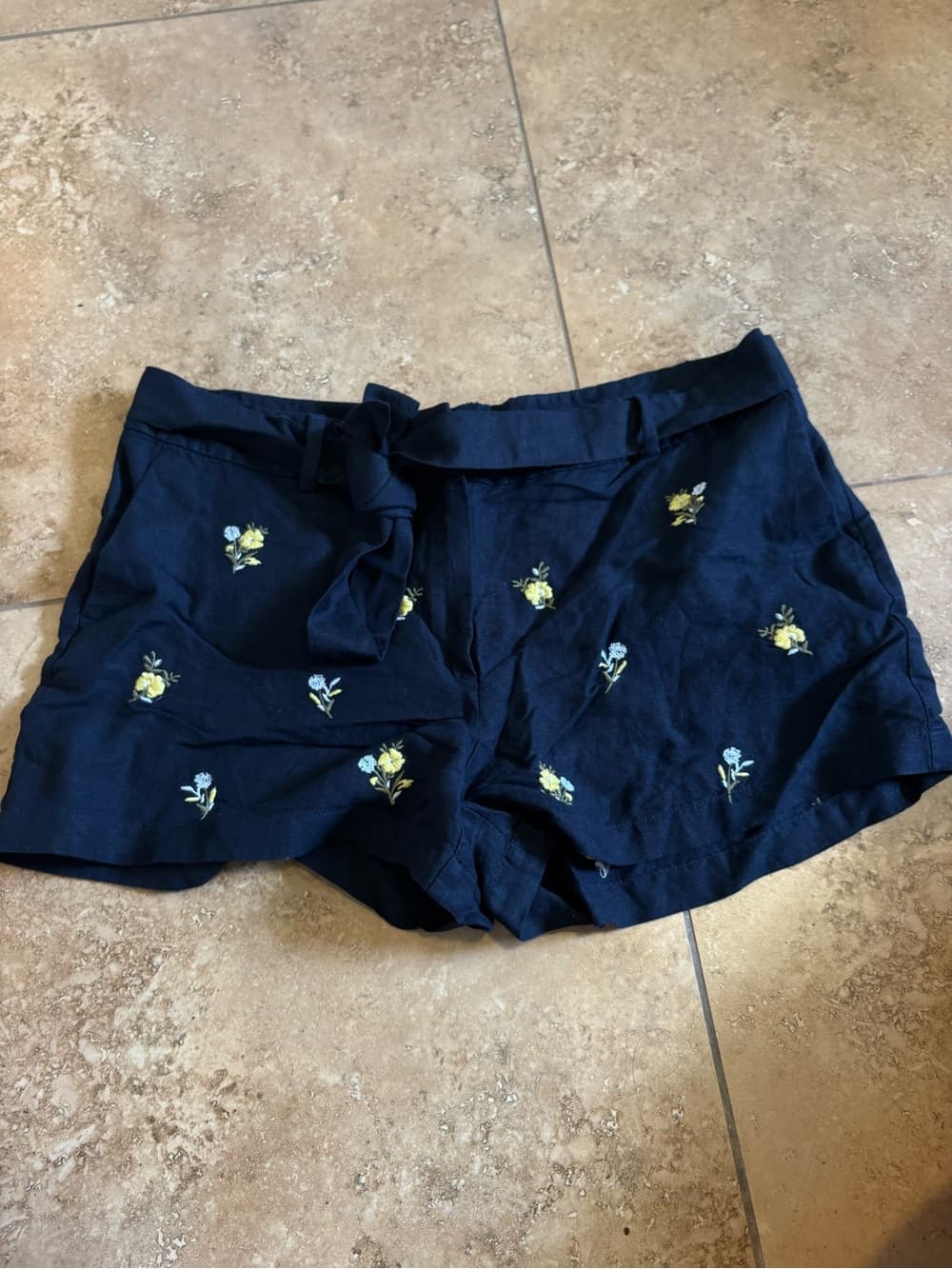 LOFT Navy High-Waist Floral Embroidered Tie-Front Shorts