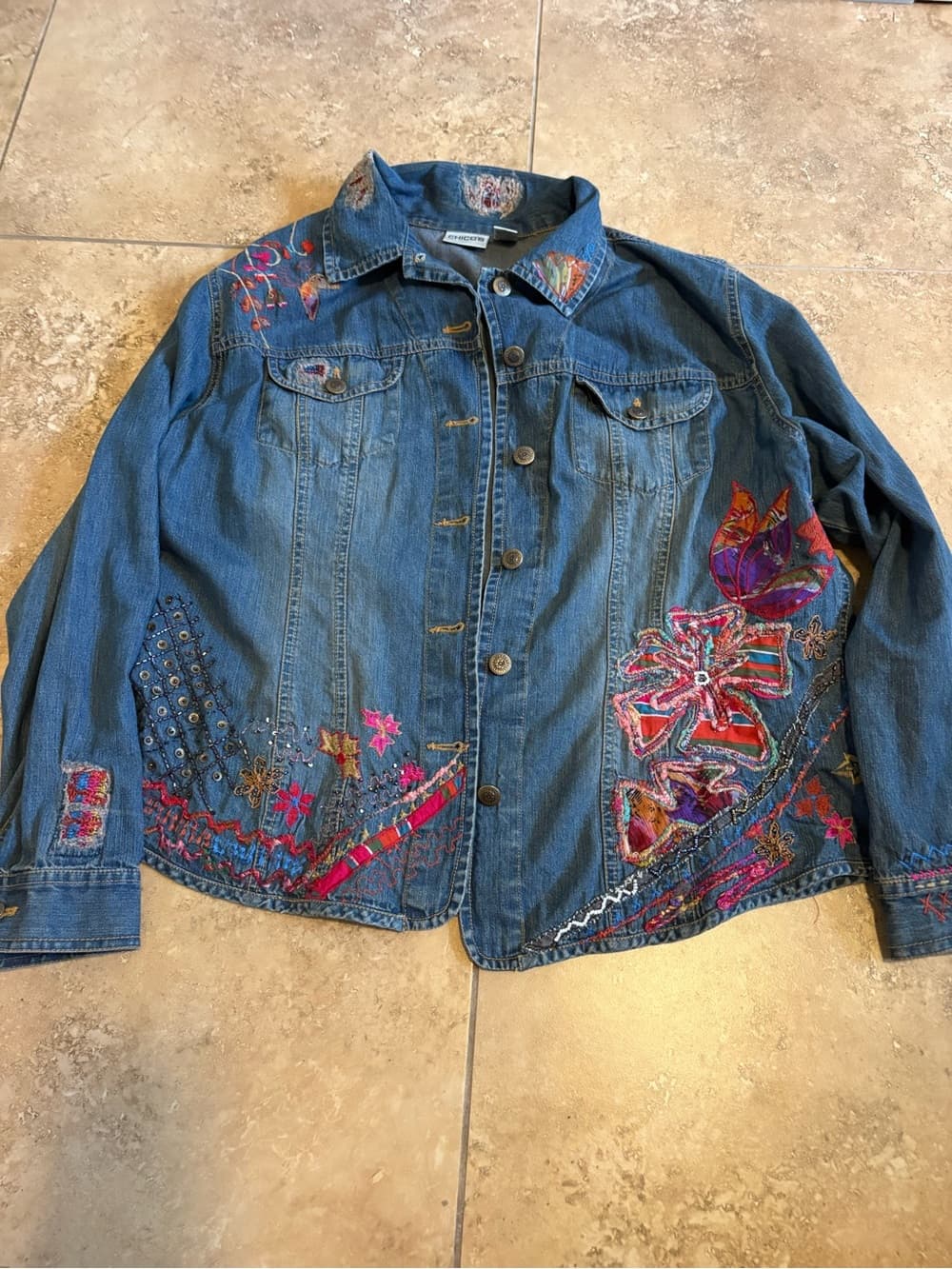 Embroidered Floral Denim Jacket - Blue