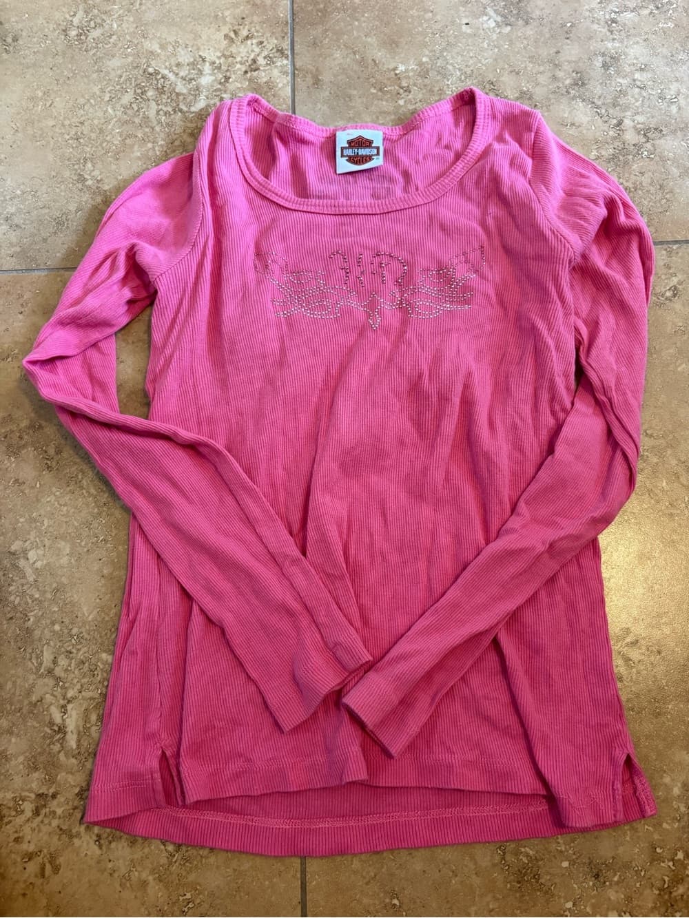 Harley-Davidson Pink Long Sleeve Ribbed Tee with Rhinestone Logo