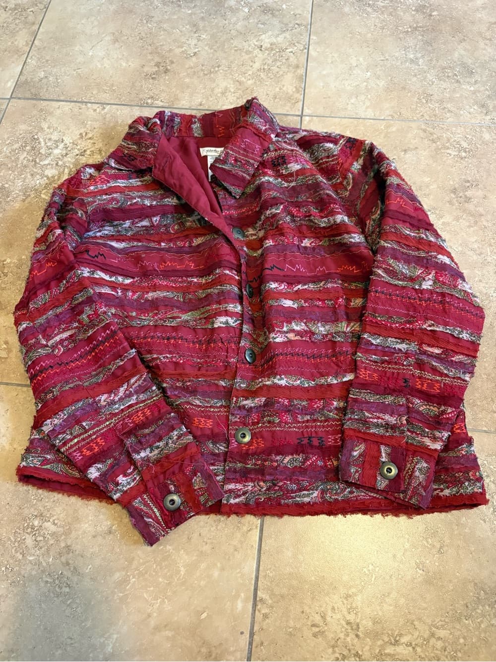 Textured Red Multi-Stripe Button Jacket