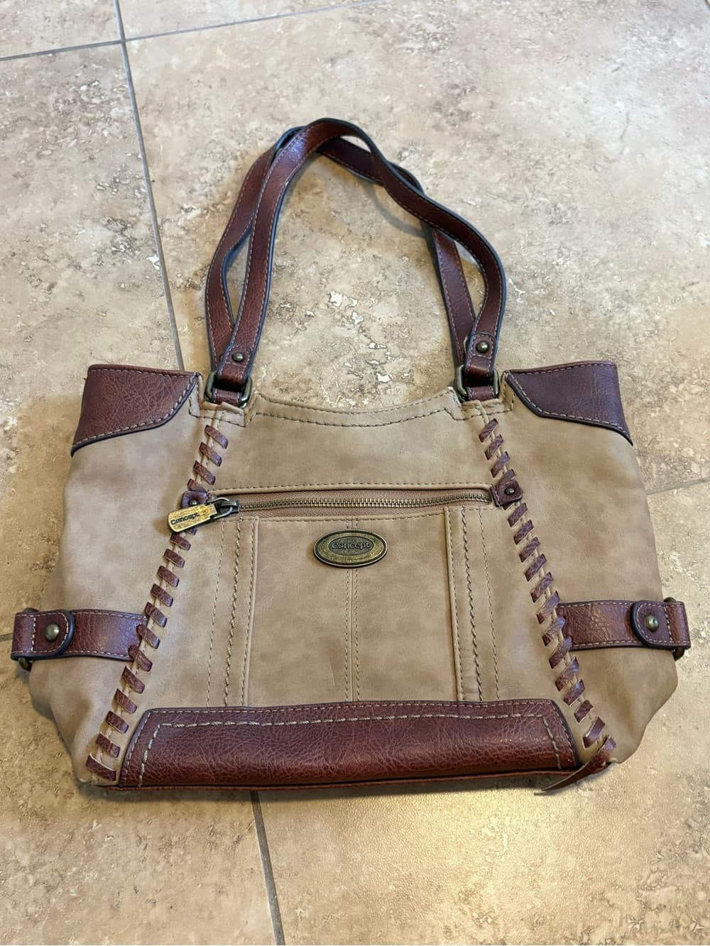 Sundance Two-Tone Taupe and Brown Leather Tote