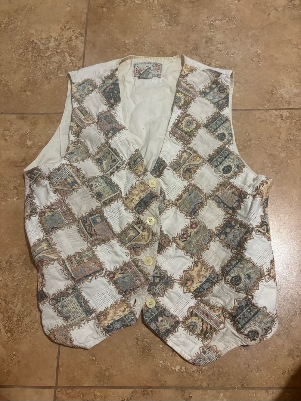 new directions Quilted Patchwork Print Button Front Vest in Cream Multi