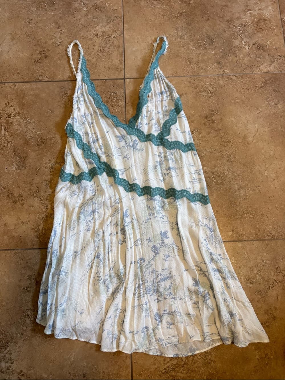 Free People White Floral Dress with Teal Lace Trim
