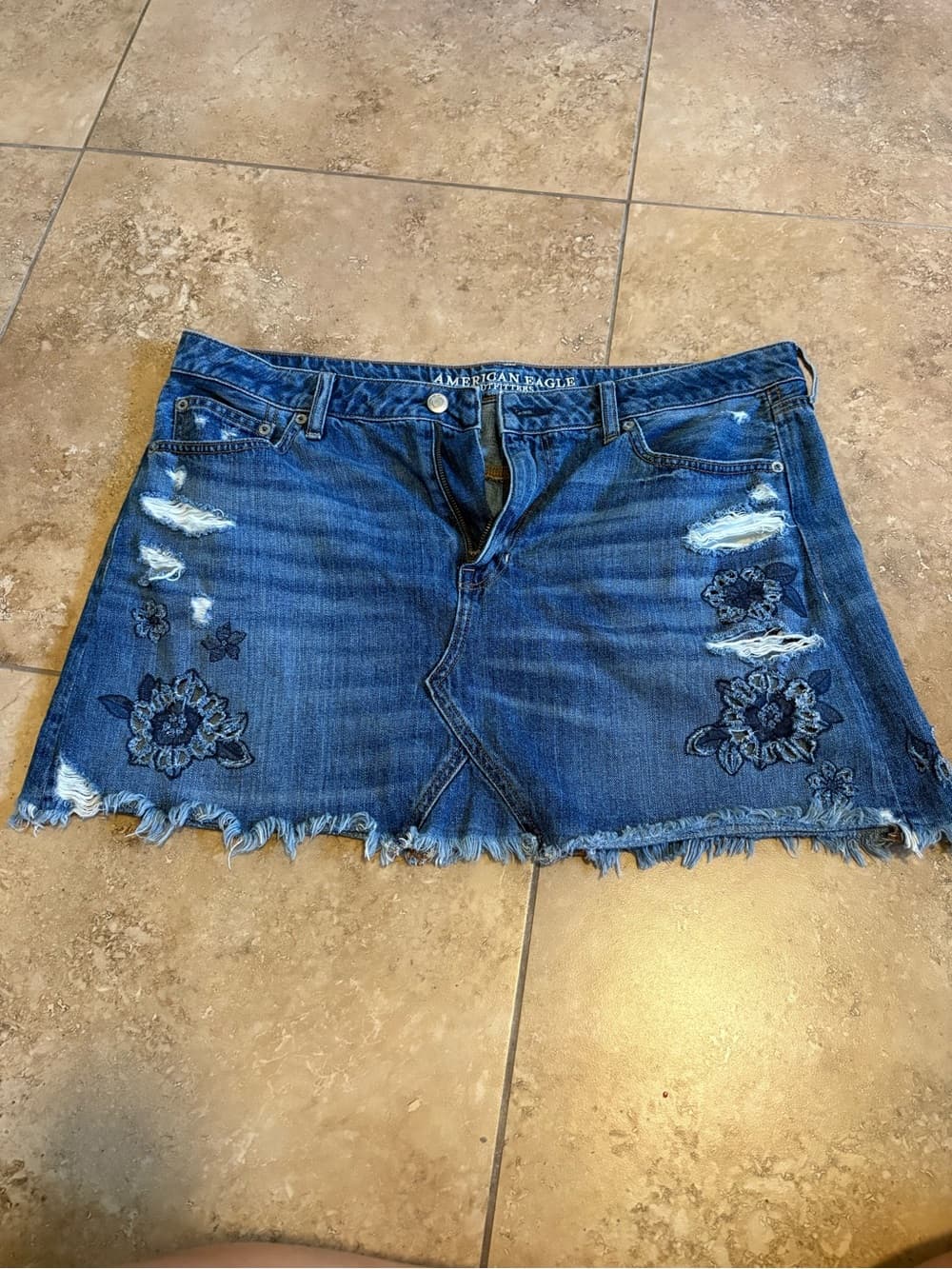 American Eagle Outfitters Blue Denim Distressed Floral Mini Skirt