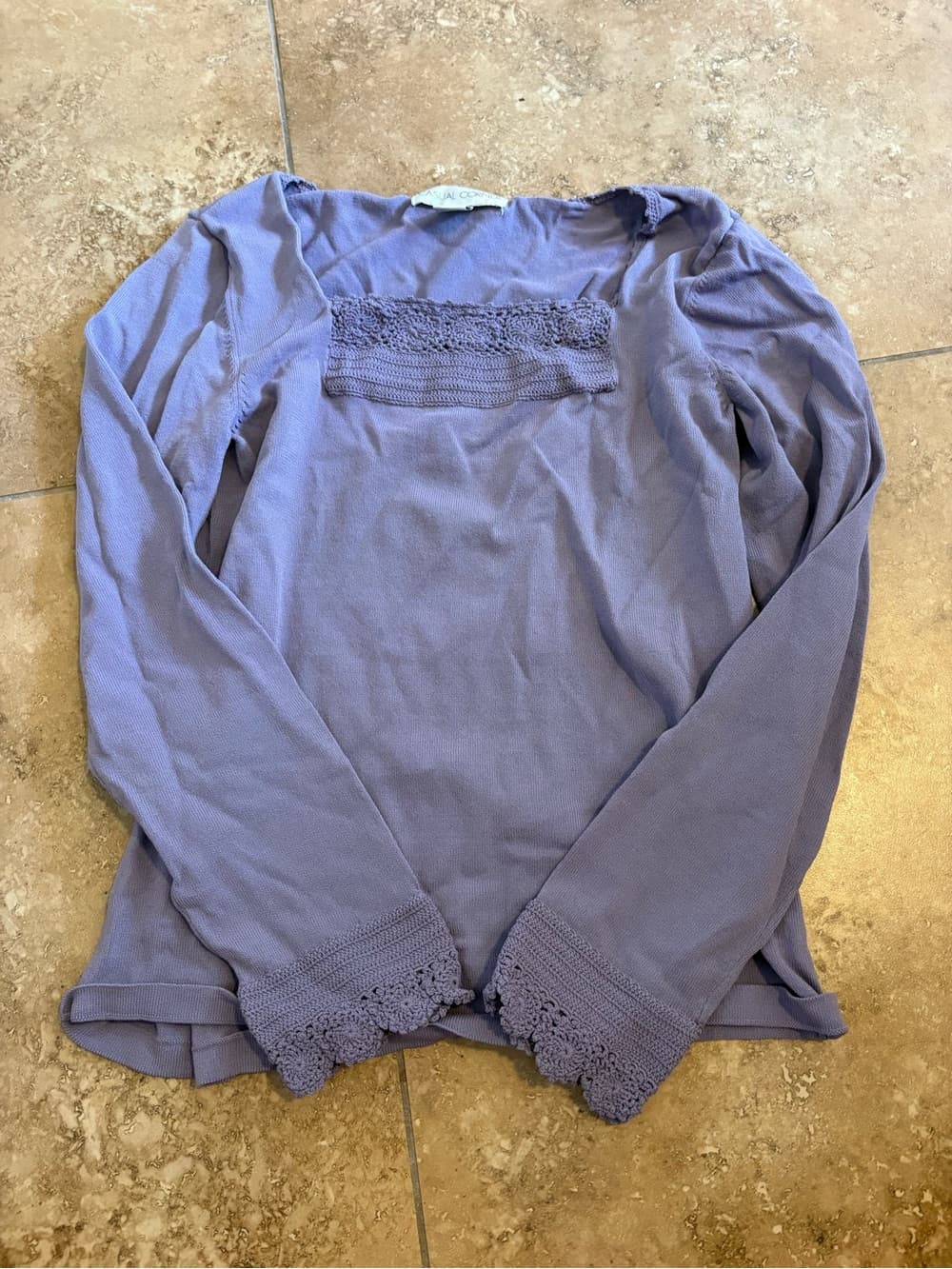 Casual Corner Lavender Crochet-Trim Long Sleeve Top
