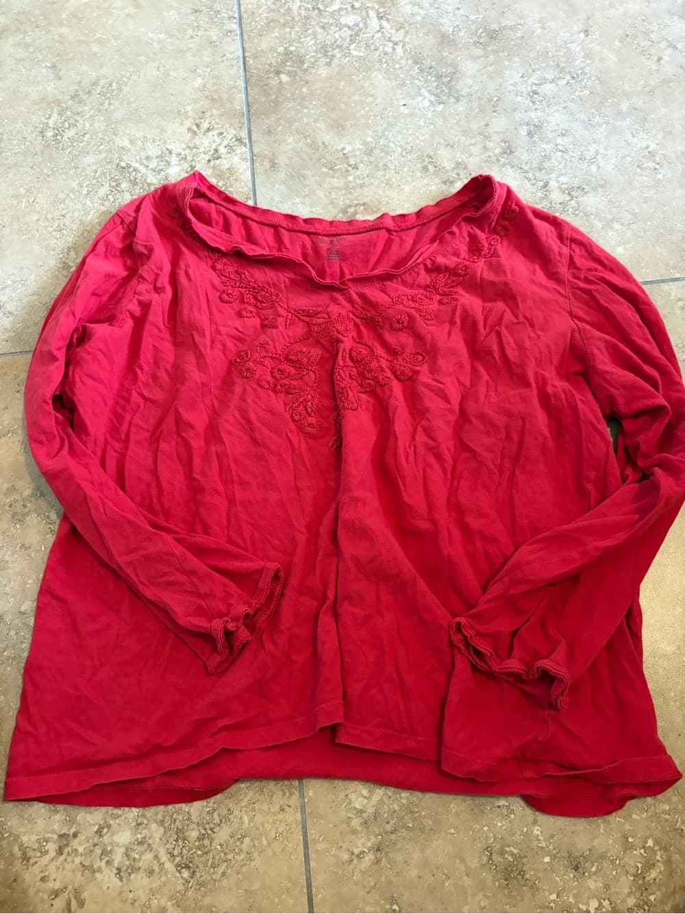 Michael Kors Red Long Sleeve Embroidered Scoop Neck Top