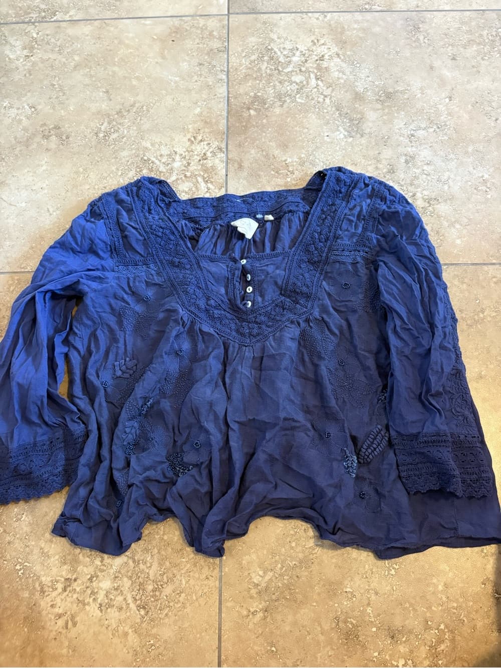 Embroidered Navy Peasant Blouse with Button Placket