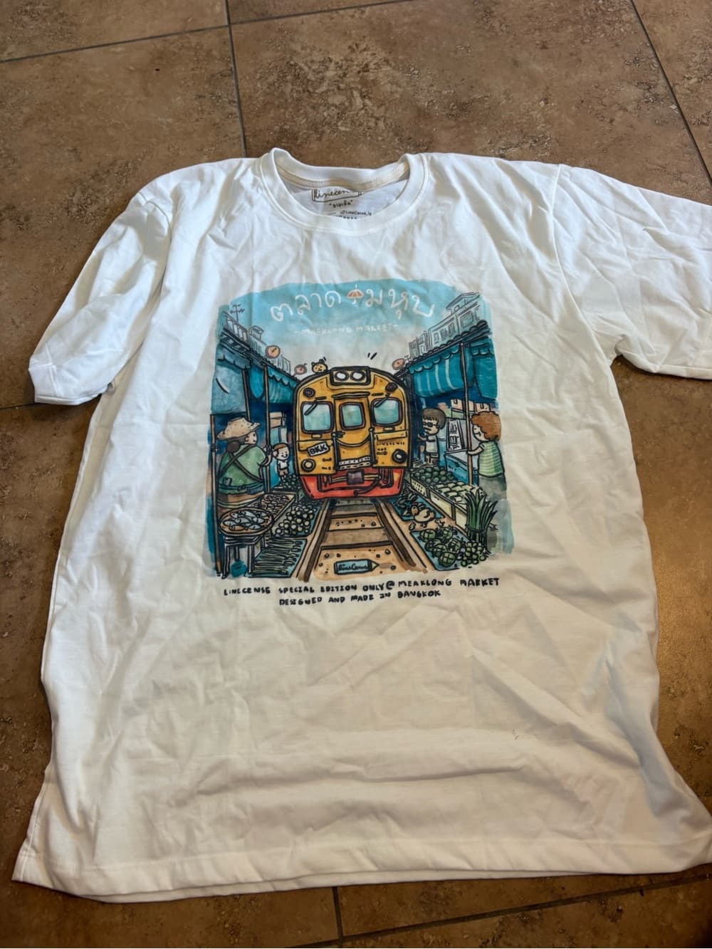 Thailand railroad market Graphic Tee with Yellow Train Illustration